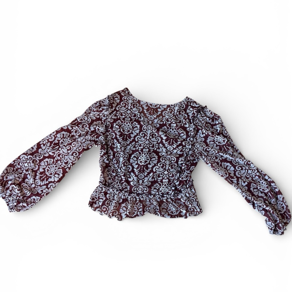 By Anthropologie Burgundy Jacquard Floral Peasant Blouse Smocked Waist Size L - Picture 3 of 9